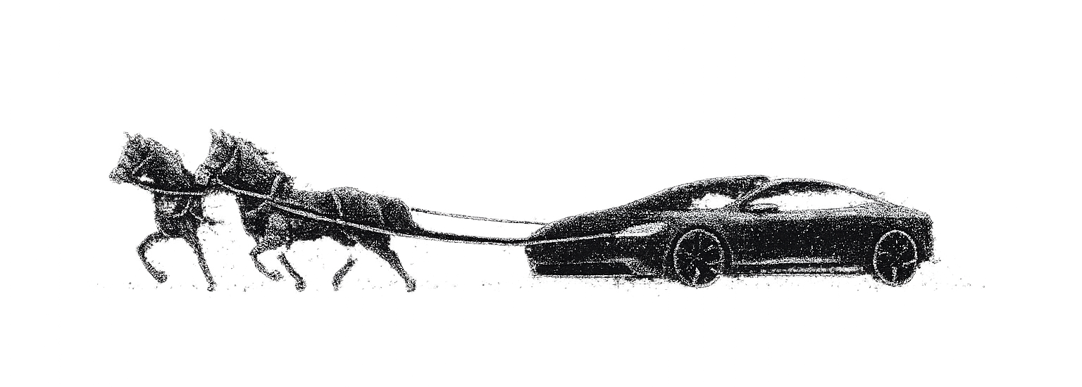 Pixel-art horse-drawn carriage with a car behind