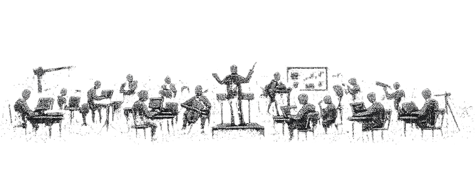 Pixel-art orchestra performing on a dark stage.
